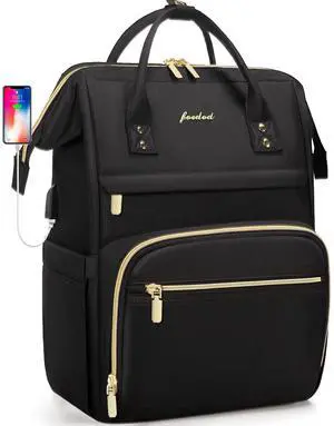Focdod Women Laptop Backpack Teacher Bags: 17.3 Inch Nurse Computer Backpack with USB Port Work Bag Stylish Travel Daypack Bookbag Waterproof for Business Woman Gifts BLACK