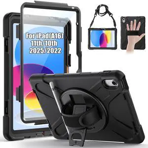 Gerutek Case for iPad (A16) 11th/10th Generation 11"/10.9" (2025/2022), Heavy Duty Shockproof Protective Case with Screen Protector, 360deg Rotating Stand, Hand/Shoulder Strap, Pencil Holder, Black