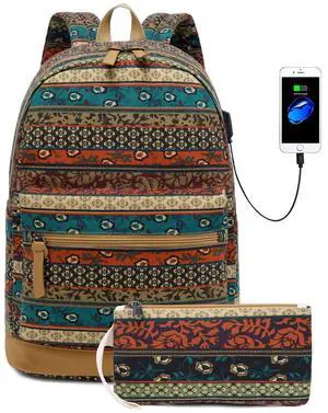 Goodking Bohemian Waterproof Laptop Backpack for Women/Girls, Stylish College School Backpack with USB Charging Port