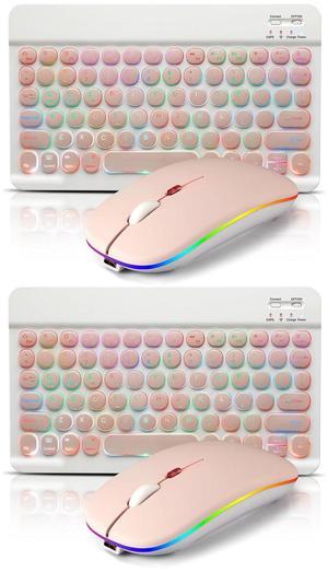 2 Pack Ultra-Slim Bluetooth Keyboard and Mouse Portable Rechargeable 7-Color Backlit for Apple iPad iPhone Samsung Tablet iPhone Smartphone iOS Android Windows Round Keys -Pink