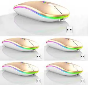 Guiheng 5 Pack Wireless Bluetooth Mouse,LED Dual Mode Rechargeable Silent Slim Laptop Mouse,Portable(BT5.2+USB Receiver) Dual Mode Computer Mice,for Laptop,Desktop Computer,Tablet,Phone,TV (Gold)