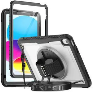 Herize Case Compatible with iPad 11 inch (A16) 2025/10.9'' (10th Generation) 2022 with Screen Protector Pen Holder | Clear Case with 360 Rotatable Hand Strap Stand Hand Strap
