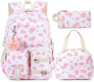 3 PCS Backpack Set for Girls, Laptop College School Backpack with Lunch Box Pencil Case Women Teens Cute Bookbag Kids Elementary Middle High School Bag Student Bookbags Set Travel Daypack -Pink