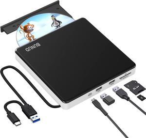 External DVD Drive, USB C CD Burner Slim Portable CD +/-RW Disk Drive with 2 USB and TF/SD Slots, CD ROM External DVD Player for Laptop Apple Windows 11 Mac MacBook Air Linux OS