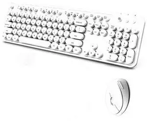 Wireless Keyboard Mouse Combo, Elegant White with Vintage Round Keys, Ergonomic Comfort, Full-Size for PC, Laptop, Home Office & Study