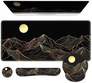 iCasso Large Mouse Pad, 4in1 XXL Mousepad + Keyboard Wrist Rest+Mouse Wrist Rest+Coaster Set with Ergonomic Design for Computer(Gold-Mountain)