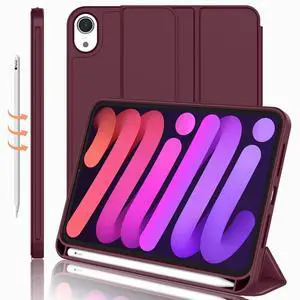 iMieet iPad Mini 7 Case 2024 (A17 Pro), iPad Mini 6 Case (8.3-Inch,2021 Model), iPad Mini 7th/6th Generation Case with Pencil Holder, Trifold Stand Smart Case with Soft TPU Back,Wine