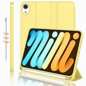 iMieet iPad Mini 7 Case 2024 (A17 Pro), iPad Mini 6 Case (8.3-Inch,2021 Model), iPad Mini 7th/6th Generation Case with Pencil Holder, Trifold Stand Smart Case with Soft TPU Back,Yellow