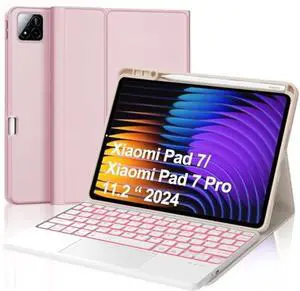 Keyboard Case for Xiaomi Pad 7/ Pad 7 Pro 11.2 Inch, 7 Color Backlit, Magnetic Detachable Wireless Bluetooth Keyboard, Multi-Touch Trackpad, Stain Resistant Cover, Rechargeable, Pink (Backlit)