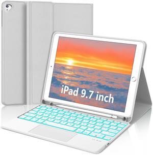 for iPad Keyboard case 9.7 inch, iPad 6th Gen (2018), iPad 5th Gen (2017), iPad Air 2 (2014), Multi-Touch Trackpad, Detachable Backlit Folio Keyboard Slim Cover with Pencil Holder,Light Gray