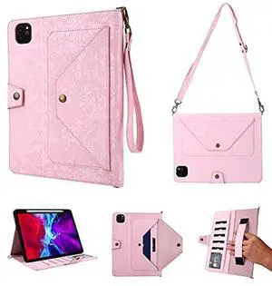 iPad Pro 2020 Case, iPad Pro 2021 11 Inch PU Leather Case with Pencil Holder, Kickstand, Money Pocket, Shoulder Strap, Hand Strap Flip Cover with Auto Sleep/Wake Fit iPad Air 5th/4th 2022/2020 (Pink)