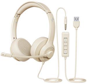 JIAMQISHI USB Headset with Microphone for PC, On-Ear Computer Laptop Headphones with Noise Cancelling Mic in-line Control for Home Office Online Class Zoom (USB+3.5mm, Apricot)