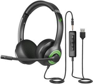 JIAMQISHI USB Headset with Mic for PC, On-Ear Computer Laptop Headphones with Noise Cancelling Microphone in-line Control for Home Office Online Class (USB+3.5mm, Green)