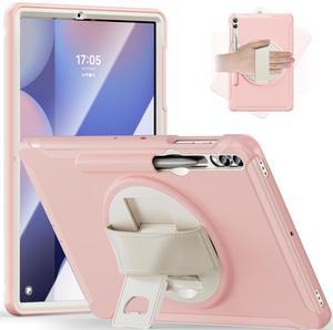 Junfire Protective Case for Samsung Galaxy Tab S9 Plus/S8 Plus/S7Plus/S7FE/S9 FE Plus, 12.4'' Tablet Cover with Kickstand, Hand Strap, Stylus Holder, Pink