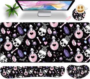 JYCUHTCL Large Gaming Mouse Pad Set 35.4 x 15.7 with Keyboard Wrist Rest, Wrist Support, and Coaster Memory Foam Smooth Desk Pad Mousepad for Home Office School - Skull Goth Magic Cute Witchy