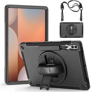 Junfire Protective Case for Galaxy Tab S10 Ultra 2025/S9 Ultra/S8 Ultra 14.6-inch, Rugged Shockproof Case with 360degRotating Kickstand/S-Pen Holder/Hand Strap/Shoulder Strap-Black