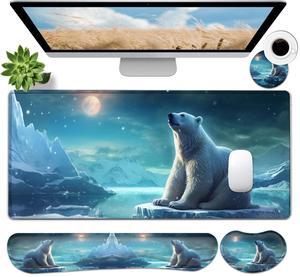 JVGFYNKL Large Gaming Mouse Pad Set, Ergonomic Memory Foam Keyboard Wrist Rest Support + Mouse Wrist Rest + Extended Desk Mat with Non-Slip Rubber Base, Cute Polar Bear Pattern Desk Pad