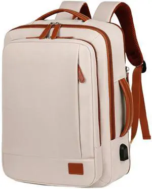 Large Travel Laptop Backpack for Men Women, Expandable Waterproof Carry On Backpack Airline Approved with USB Charging Port & Wet Pocket, 15.6" Business Work Backpack Rucksack Casual Daypack - Beige