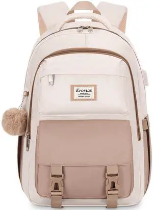 KROSIAS School Backpack for Girls Teens, Cute Aesthetic College Backpacks Large 15.6 Inch Laptop Bag Preppy Bookbag for Women Students Travel (Khaki Beige)
