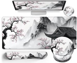 LIMKRIAN Japanese Ergonomic Mouse Pad Large Desk Mat Set, XXL Anime Mousepad with Wrist Rest, Wrist Support Gaming Keyboard Mat Cup Coaster Set, Japanese Style Office Desk Accessories Decor
