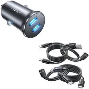 LISEN 4 in 1 Charging Cable, Nice Set [4-Pack] Multi Charging Cable 60W USB C to USB C Female to USB A Male, Lightning Cable & 90W USB C Cigarette Lighter Adapter Fast Charger, USB C Car Charger
