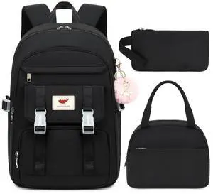 3 PCS Backpack for Teen Girls,Laptop Backpacks 15.6 Inch School Bag with Lunch Box Pencil Pouch Set for Students Aesthetic College Bookbag Travel Daypack(Black)