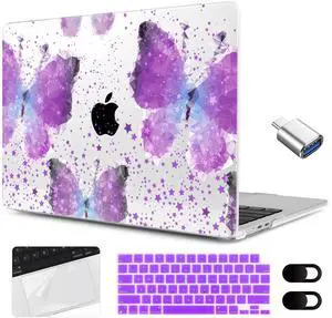 MEEgoodo Case for MacBook Air 15 inch M4/M3/M2 2025 2024 2023, Case Fit Model (A3241/A3114/A2941) for MacBook Air 15-inch, Laptop with Keyboard & Camera Cover & OTG Adapter, Purple Butterfly