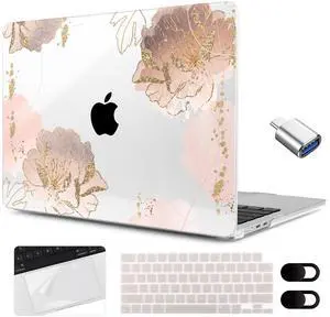 MEEgoodo Case for MacBook Air 15 inch M4/M3/M2 2025 2024 2023, Case Fit Model (A3241/A3114/A2941) for MacBook Air 15-inch, Laptop with Keyboard & Camera Cover & OTG Adapter, Pink Peony Flowers