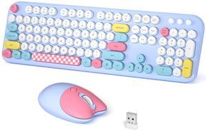 Wireless Keyboard and Mouse Combo, Meidosa 2.4GHz Colorful Full-Size Retro Typewriter Keyboard with Cat Shape 3 Level Adjustable Optical Mouse for PC/Desktop/Laptop/Windows (Pale Blue Colorful)