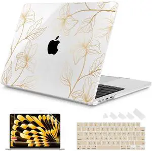 Mektron Designed for 2025/2024/2023 MacBook Air 15 INCH M4 A3241 /M3 A3114 /M2 A2941 Case, Printed Plastic Hard Shell Cover with 15.3" Liquid Retina Display Touch ID, Gold Flower S718