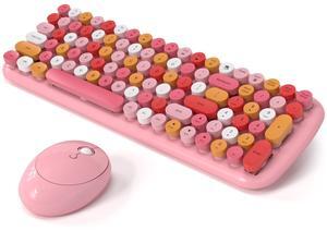 Wireless Keyboard and Mouse Combo, MOWUX - Modern Compact Layout, Colorful Compact Candy Mouse and Retro Round Keyboard Set with Cover, for PC/Laptop/Windows/Mac - Pink Colorful