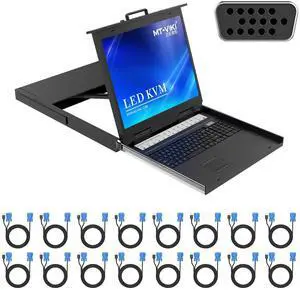 MT-VIKI 19'' LCD KVM Console, 16 Port VGA KVM Switch w/Keyboard+Monitor+Mouse+Drawer+Touchpad, Support OSD/Hotkey/Panel Button Switching (Included 16 KVM Cables)