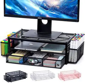 NCXTKJ 2-Tier Monitor Stand for Desk, Metal Computer Monitor Riser with Drawer and 2 Pen Holders, Laptop Riser Mesh Desk Organizer for Home Office Supplies Desktop Accessories, Black
