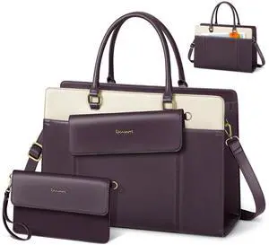 RAINSMORE Laptop Bag for Women 15.6 inch Leather Laptop Tote Bag Large Computer Bags Waterproof Business Office Work Bags Briefcase with Satchel Purse 2pcs Set, Purple