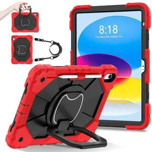 RONWTIMES Rugged Case for iPad (A16) 11th /10th Generation 11/10.9 Inch 2025/2022 - Military Shockproof Cover with Rotating Stand, Screen Protector, Pencil Holder & Shoulder Strap for Kids, Red+Black