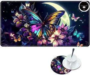 RWUTYTIUL Heated Mouse Pad with 6 Heating Levels, Warm Desk Mats with Coasters, 31.5" x 13" Computer Keyboard Mouse Mat Non-Slip Desk Mat Hand Warmer for Work Game Players Office, Butterfly Moon