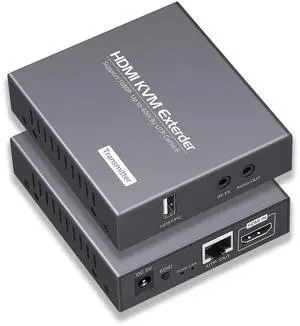 RYXN HDMI KVM USB Extender Over Cat5e/6 1080P Transmits Up to 196ft/60m, with 2 USB Ports Supports Mouse and Keyboard Remote Control, Both Ends Feature Audio Extractor Function