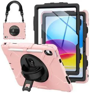 for iPad(A16) 11 inch 2025 case/10.9 inch iPad 10th Generation Case, Heavty Duty Shockproof Full Protective Case with Screen Protector and Rotatable Hand Strap, Shoulder Strap (Rose Gold)