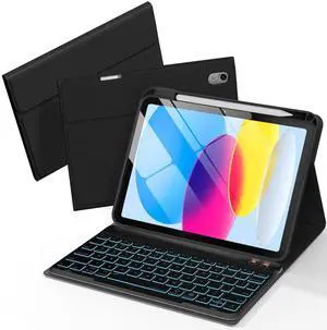 Senyoson Folio Keyboard Case for iPad 10th Gen 10.9 inch (2022) and iPad 11th (A16, 2025), Magnetic Wireless Detachable Keyboard, 7-Color Backlight, Thin & Light, Pencil Holder (Black)