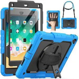 SEYMAC Kids Case for iPad 6th/5th Generation 9.7 Inch, Full-Body Shockproof Heavy Duty Protective Case with Screen Protector, Stand/Hand/Shoulder Strap for iPad Air 2/ Pro 9.7, Light Blue