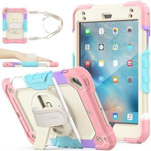 SEYMAC stock Case for iPad Mini 5/4 with Screen Protector Pencil Holder [360 Rotating Hand Strap] & Stand, Drop-Proof Case for iPad Mini 5th/4th Generation 7.9 inch (Yellowish+Rose)