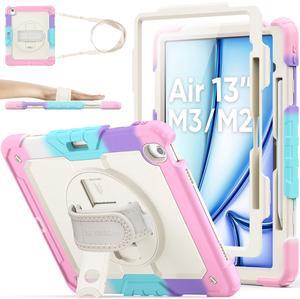 SEYMAC stock Case for iPad Air 13 inch Case M3/ M2 (2025/2024), for iPad Air 6th Generation, Heavy Duty Protective with Pencil Holder, Screen Protector, Stand, Hand Strap, Shoulder Strap, Pink