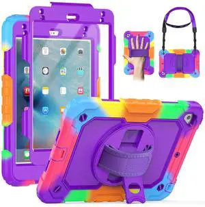 SEYMAC for iPad Mini 5/ Mini 4 Case 7.9 Inch, Sturdy Heavy Duty Shockproof Full-Body Protective Case with Screen Protector, Rotating Stand, Hand/Shoulder Strap for iPad Mini 5th/4th Gen, Camo/Purple