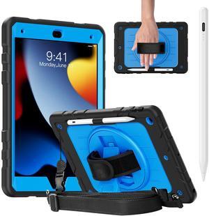 Stweap Case for iPad 9th/ 8th/ 7th Generation 10.2'', Case for iPad 10.2 inch with Hand/Shoulder Strap, Pencil Holder, Include Stylus Pen for iPad(Fast Charge Apple iPad Pencil) (Black/Sky Blue)