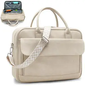 SUCIKORIO Teacher Tote Bag for Women 17inch PU Leather Laptop Briefcase Nurse Bags Professional Work Computer Bags Large Messenger Office Bag For Nursing, School, College, Almond