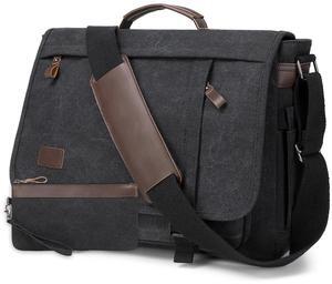 17.3 Inch Messenger Bag for Men: 2PCS Laptop Work PU Leather Canvas Briefcase Carry On Large Computer for Office College Travel (Black)