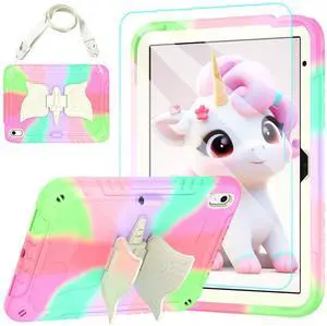 TOMORRY for iPad (A16) 11th Generation 11 Inch 2025/iPad 10th Generation Case 10.9 Inch 2022 with Tempered Glass Screen Protector,Unicorn Stand,Shoulder Strap,for iPad 10 Case Kids (Colourful Pink)