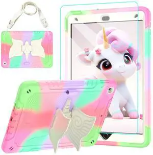 TOMORRY for iPad 9th/8th/7th Generation Case 10.2" with Tempered Glass Screen Protector,Unicorn Stand & Pencil Holder Shoulder Strap,Shockproof for iPad 10.2 Case 2021/2020/2019 Kids (Colourful Pink)