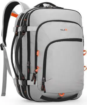 Tolaccea Travel Backpack, TSA Friendly Flight Approved Carry-on Luggage Water-resistant Business Rucksack, Durable Large Computer Bag Daypack Fits 15.6 Inch Laptop, 35-45L Expandable - Grey