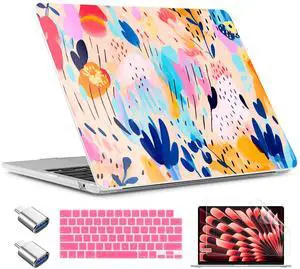 TWOLSKOO Compatible with M4 MacBook Air 15 inch Case 2025-2023 Released Model M4 A3241 M3 A3114 M2 A2941, Plastic Hard Shell & Screen Protector & Keyboard Cover &Type C Adapter, Bright Abstract Floral